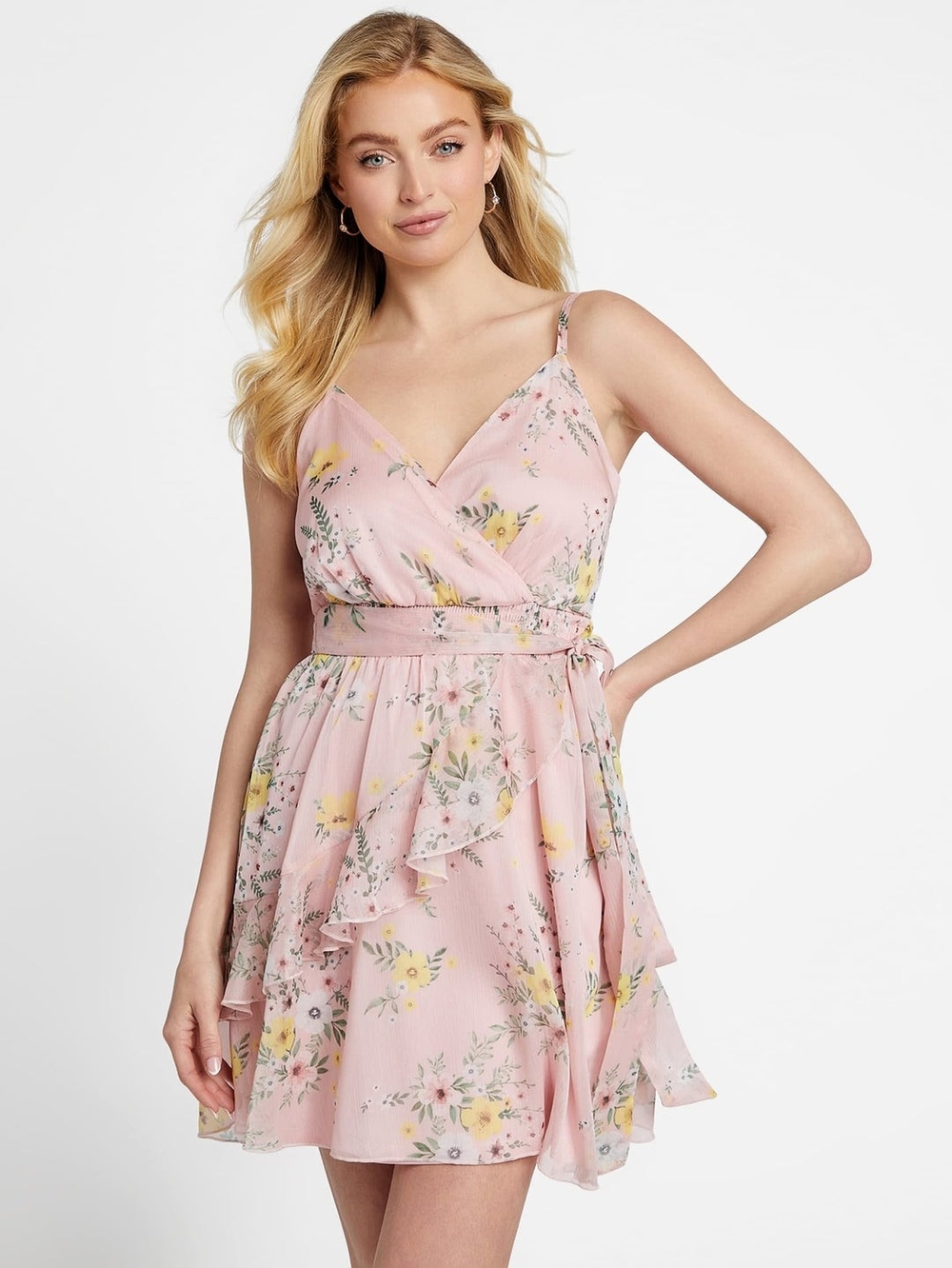 Guess Pink Floral Wrap Mini Dress